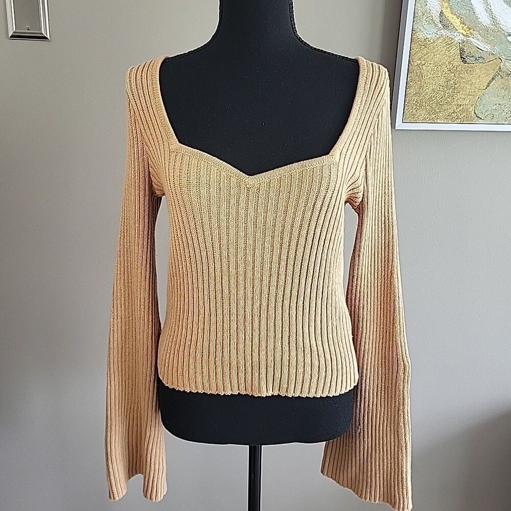 HOLLISTER Ribbed Crop Sweater Bell Flare Sleeves Sweetheart Neck Tan Medium